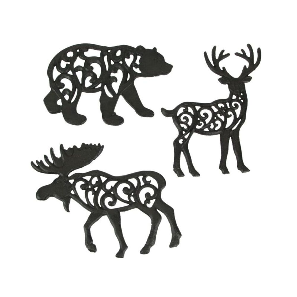 Set of 3 Cast Iron Lodge Design Kitchen Trivets Wall Hanging Art Deer Moose Bear